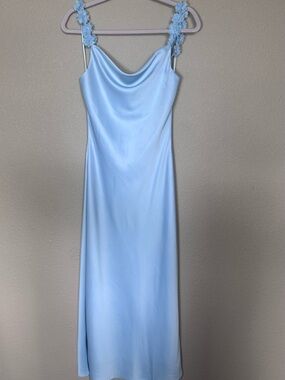 NWOT Floral Appliqué Strap Satin Dress Cowl Neck Maxi Romantic Coquett Baby Blue